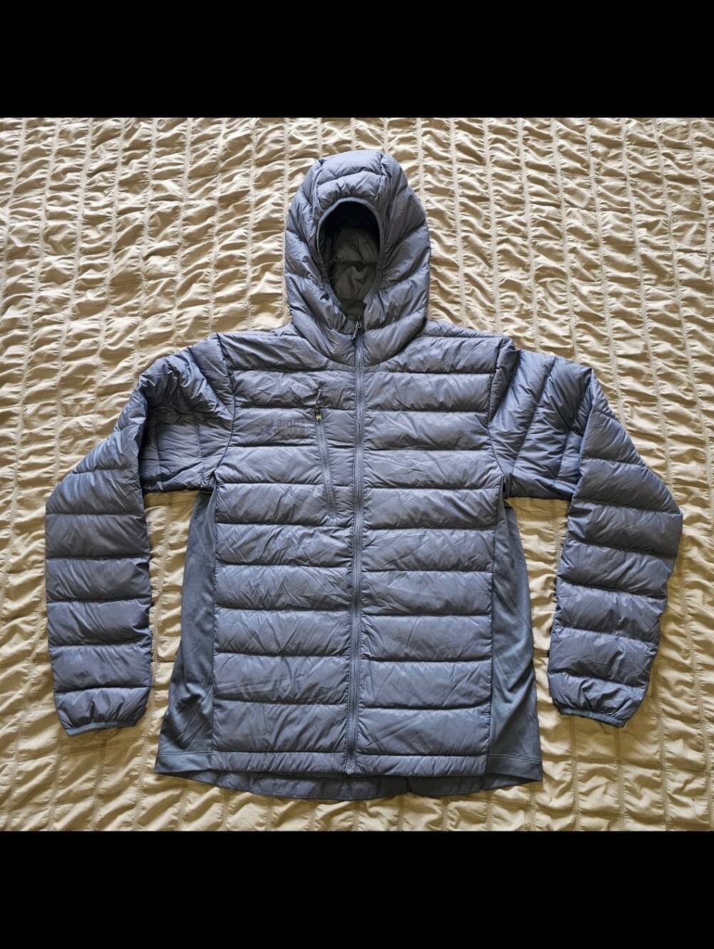 Eddie Bauer 550 Down Puffer Jacket Men's S Blue Gray Hooded Full Zip Lightweight